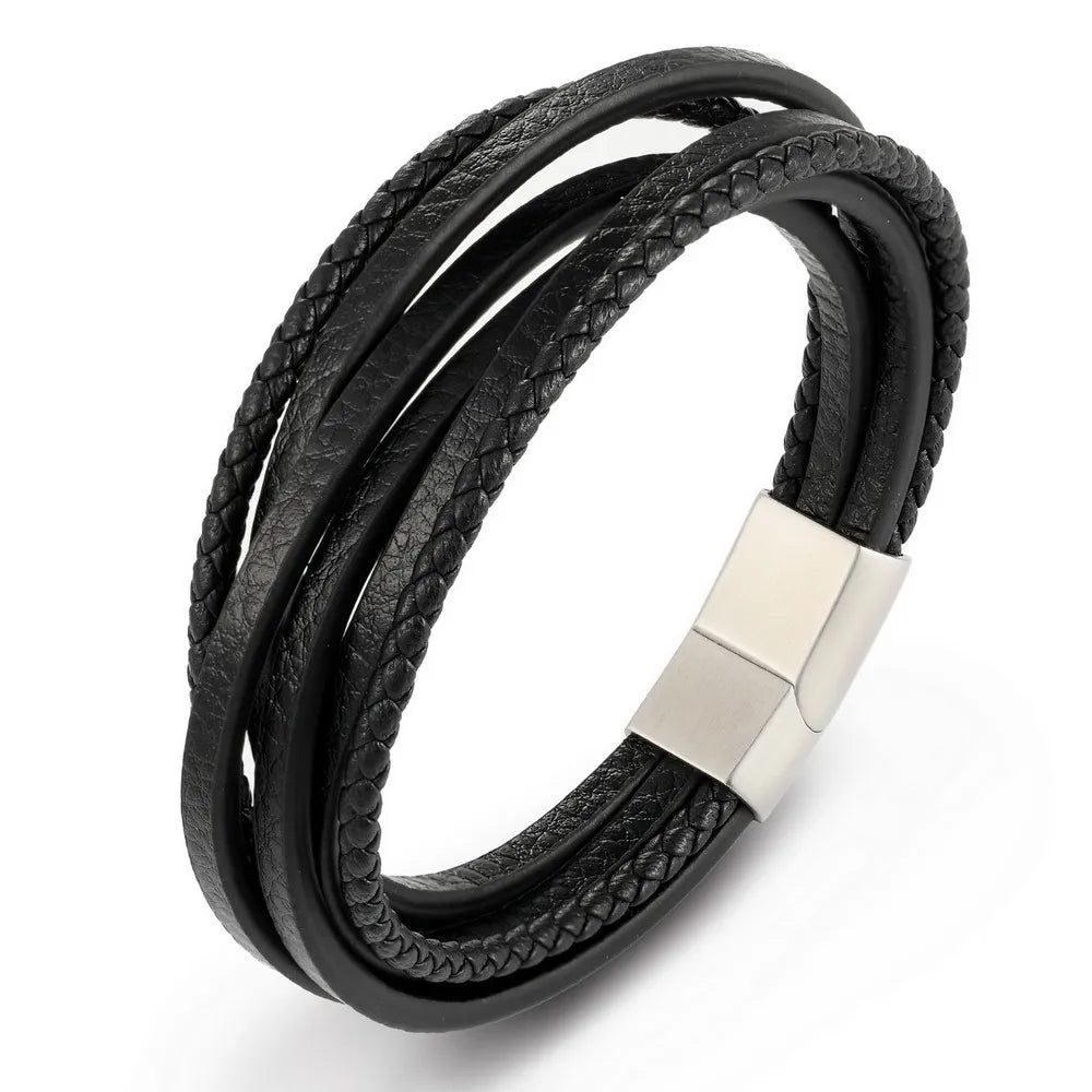 XQNI Fashion Stainless Steel Bangle Chain Genuine Leather Bracelet Men Vintage Male Braid Jewelry for Women