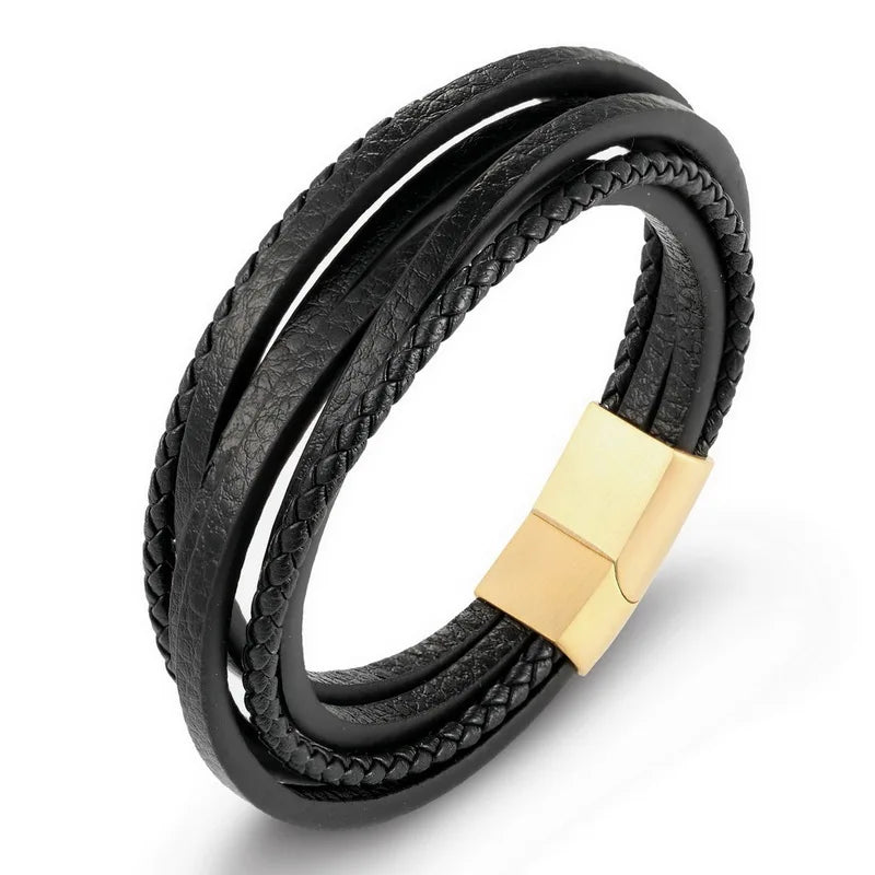 XQNI Fashion Stainless Steel Bangle Chain Genuine Leather Bracelet Men Vintage Male Braid Jewelry for Women