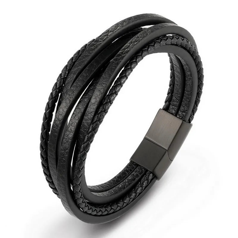 XQNI Fashion Stainless Steel Bangle Chain Genuine Leather Bracelet Men Vintage Male Braid Jewelry for Women