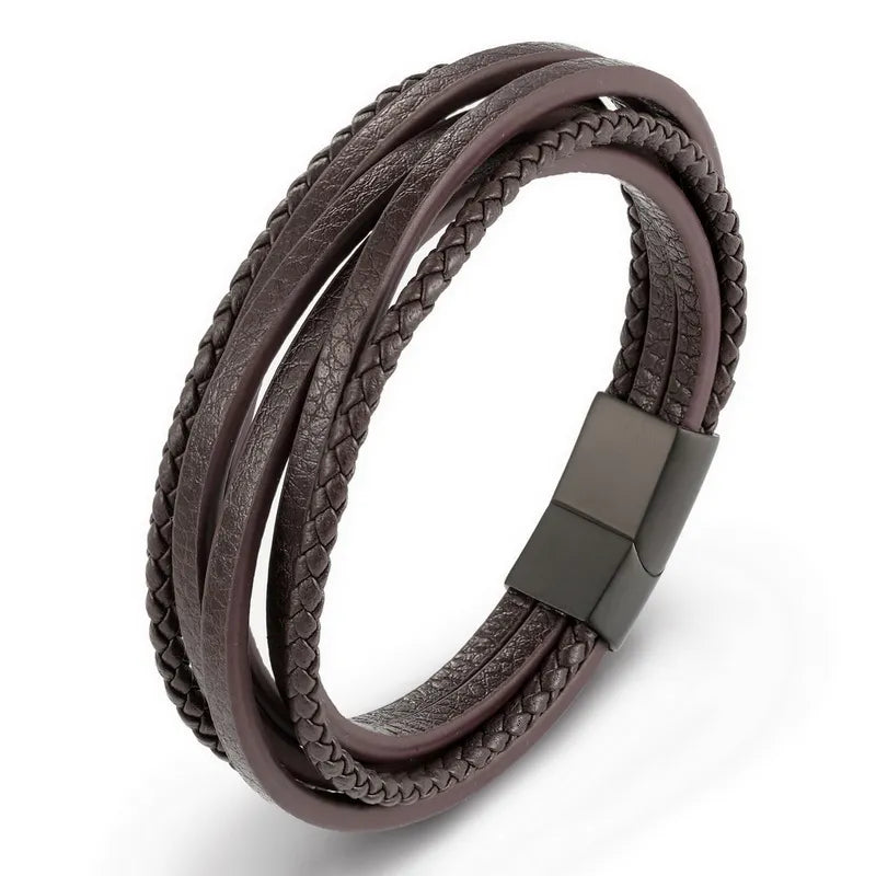 XQNI Fashion Stainless Steel Bangle Chain Genuine Leather Bracelet Men Vintage Male Braid Jewelry for Women