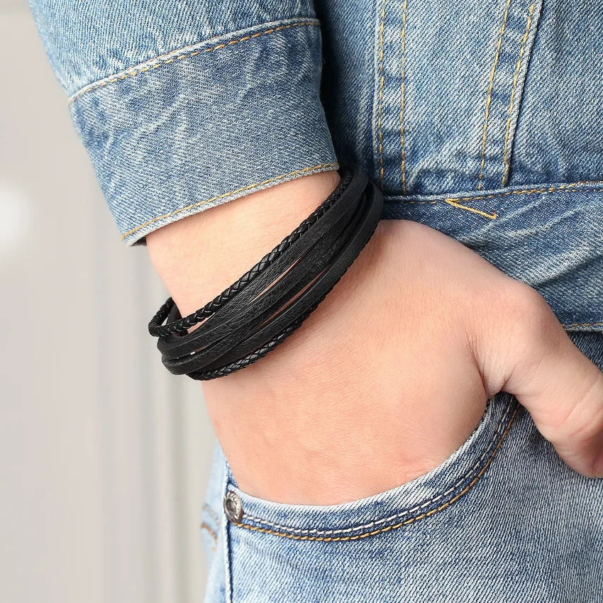 XQNI Fashion Stainless Steel Bangle Chain Genuine Leather Bracelet Men Vintage Male Braid Jewelry for Women
