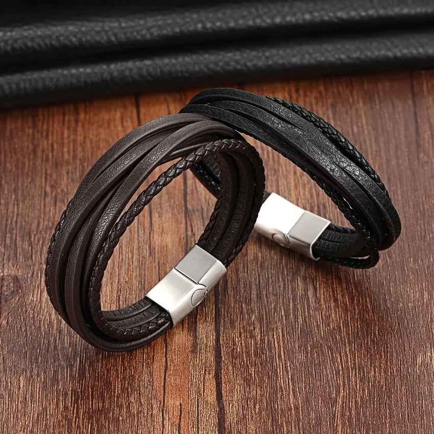 XQNI Fashion Stainless Steel Bangle Chain Genuine Leather Bracelet Men Vintage Male Braid Jewelry for Women