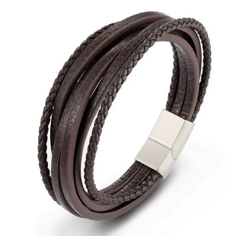 XQNI Fashion Stainless Steel Bangle Chain Genuine Leather Bracelet Men Vintage Male Braid Jewelry for Women