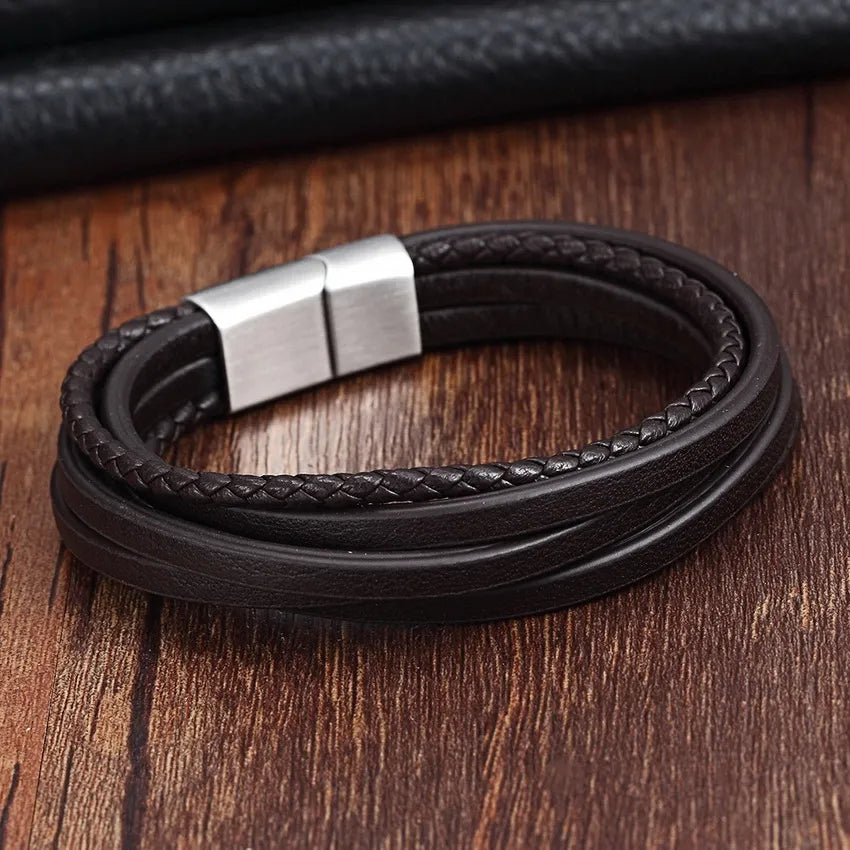 XQNI Fashion Stainless Steel Bangle Chain Genuine Leather Bracelet Men Vintage Male Braid Jewelry for Women