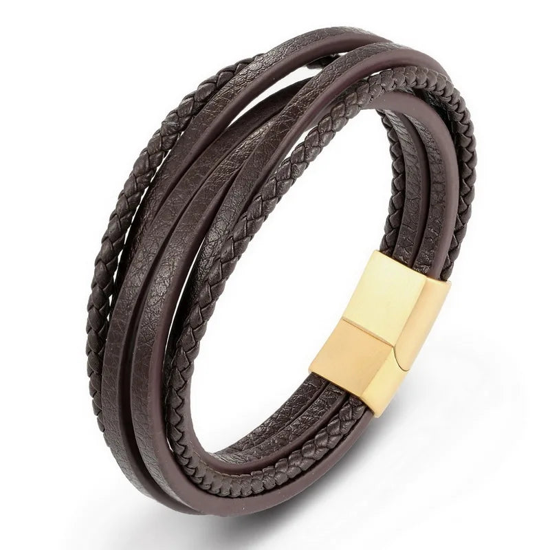 XQNI Fashion Stainless Steel Bangle Chain Genuine Leather Bracelet Men Vintage Male Braid Jewelry for Women