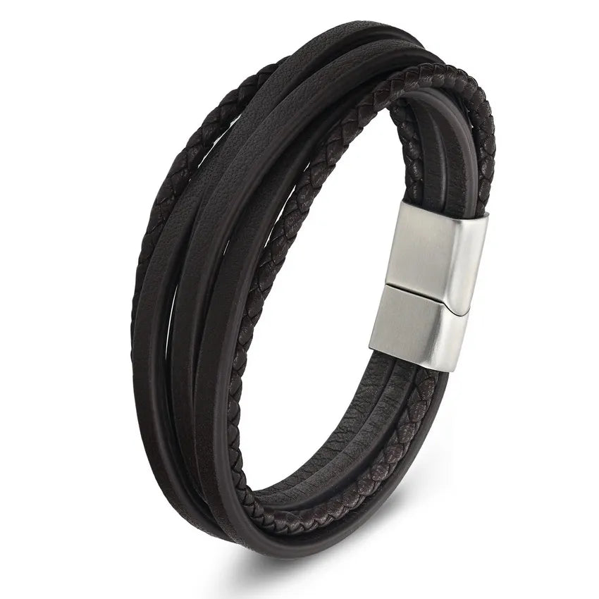 XQNI Fashion Stainless Steel Bangle Chain Genuine Leather Bracelet Men Vintage Male Braid Jewelry for Women