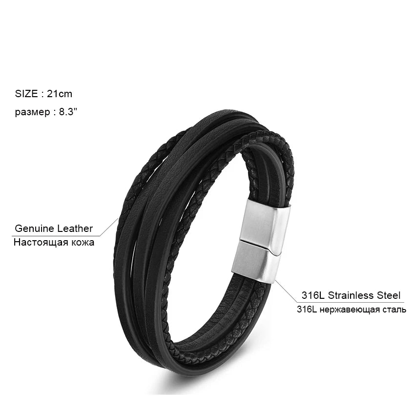 XQNI Fashion Stainless Steel Bangle Chain Genuine Leather Bracelet Men Vintage Male Braid Jewelry for Women