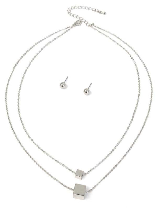 Cube Pendant Double Layer Necklace Set