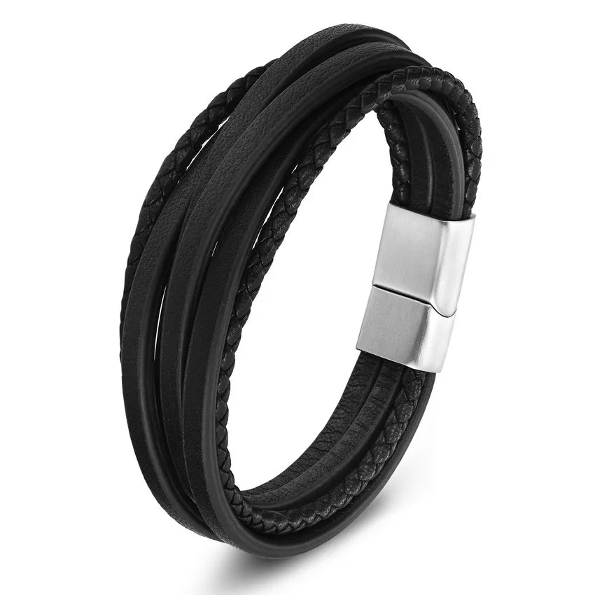 XQNI Fashion Stainless Steel Bangle Chain Genuine Leather Bracelet Men Vintage Male Braid Jewelry for Women