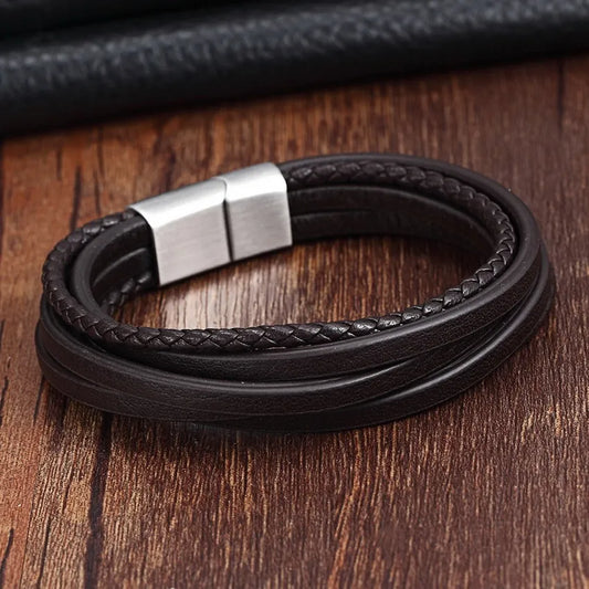 XQNI Fashion Stainless Steel Bangle Chain Genuine Leather Bracelet Men Vintage Male Braid Jewelry for Women